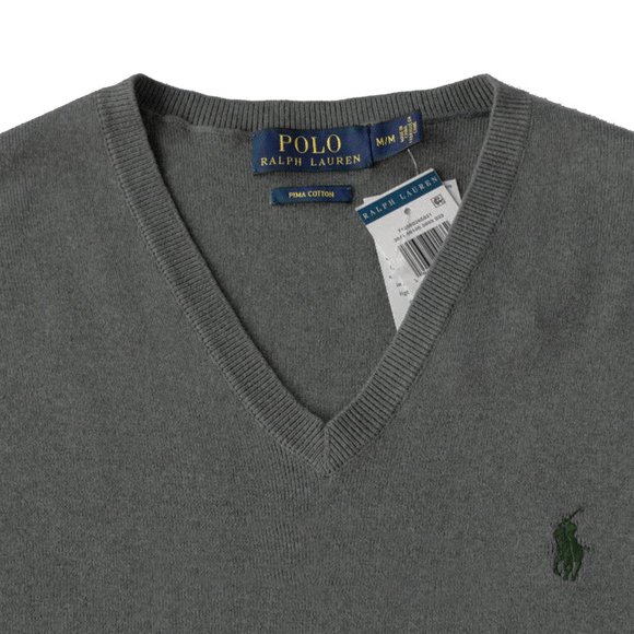 NEW Polo Ralph Lauren Pima Cotton Sweater! Heather Gray Green Polo Player V Neck - Picture 2 of 2